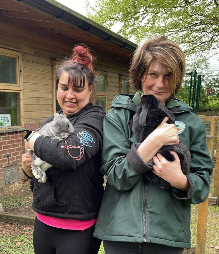 Two ladies holding a rabbit each at Pets Corner, an animal care service for people with learning disabilities and autism.
